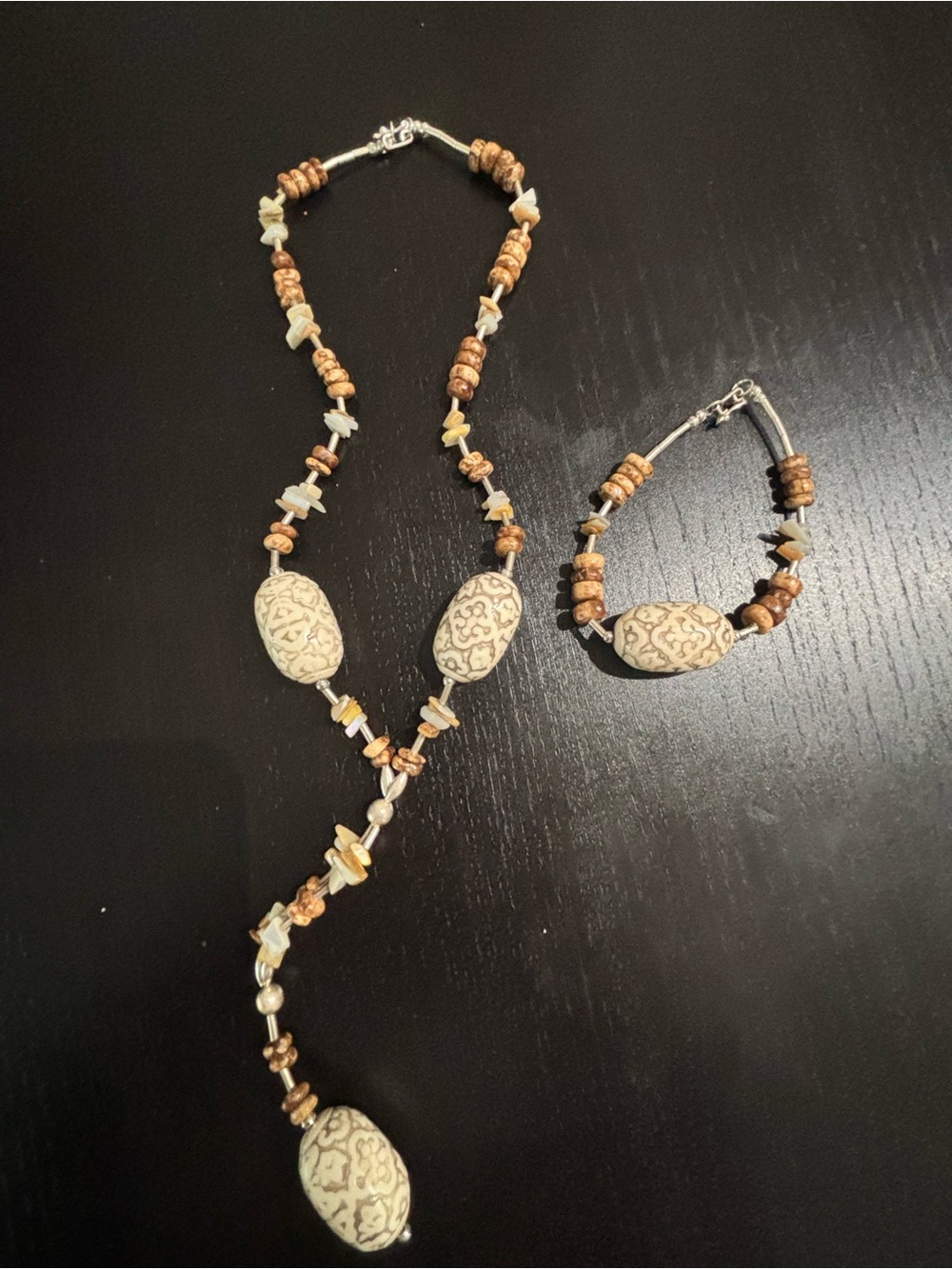Handcrafted Cream and Brown Beaded Pendant Necklace and Bracelet Set